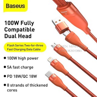Cáp sạc nhanh 3 đầu Baseus Flash Series 3 in1 Plus (USB + Type-C to M+L+C, 100W Quick Charge and Data Cable)
