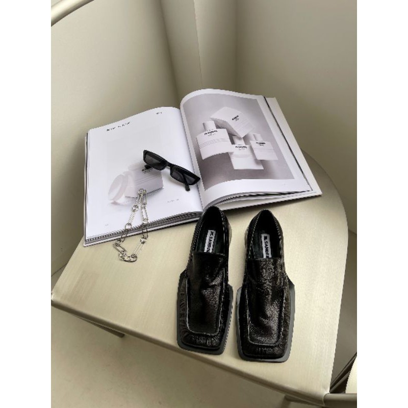 Giày lười loafer nữ da thật mũi vuông gót 3cm Jil sander