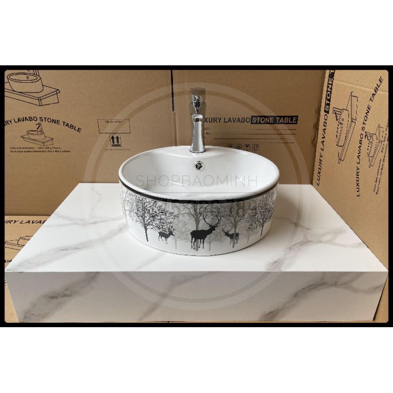 Lavabo tròn đặt bàn hoa văn cao cấp, đường kính 40cm. Tặng kèm Xi phông