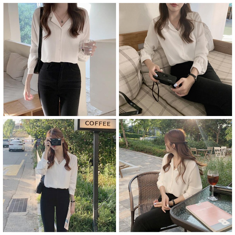 Áo sơ mi chiffon SUXI tay dài cổ vest 6 màu phong cách Hàn Quốc đơn giản cho nữ