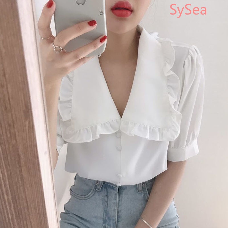 Áo Sơ Mi Voan Cổ Búp Bê Xinh Xắn Theo Phong Cách Mùa Hè Hàn Quốc Dành Cho Nữ