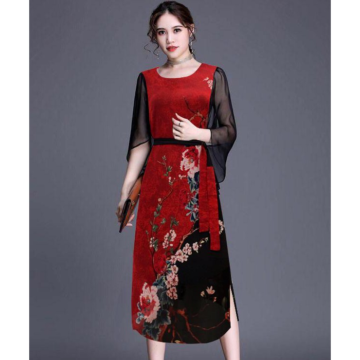 BIGSIZE - ĐẦM SUÔNG TUỔI TRUNG NIÊN NHIỀU SIZE KIỂU ĐẦM SUÔNG TAY CÁNH TIÊN IN HOA MẪU ĐƠN D3285