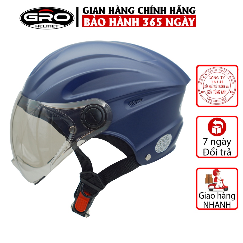 Mũ Bảo Hiểm Nửa Đầu GRO Helmet có kính, kiểu dáng thể thao cho nam và nữ, khóa kim loại chắc chắn - Nhiều màu