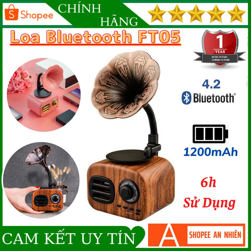 Loa Bluetooth FT05 Mini Cổ Điển Âm Thanh Siêu Trầm Bass Đập Mạnh Mẽ Bluetooth 4.2 Kích Thước 10 x 22 Màu Vân Gỗ Đỏ Hồng