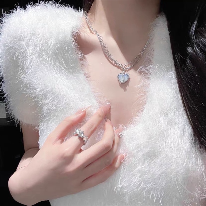 Set vòng cổ RINHOO nhiều lớp mặt trái tim đính đá zircon thời trang cho nữ