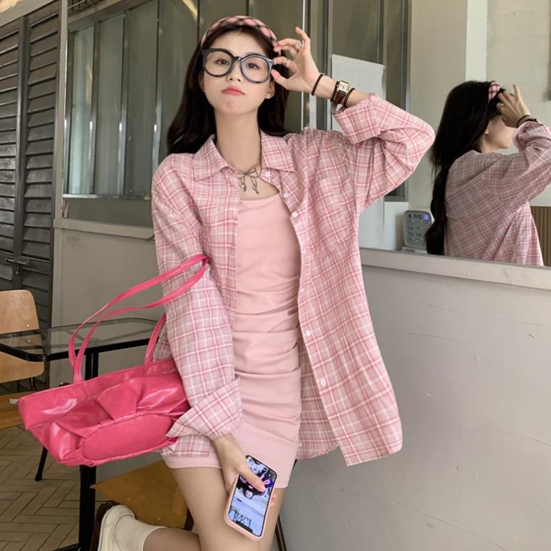 Áo sơ mi kẻ Ulzhang mix váy thun xinh xắn