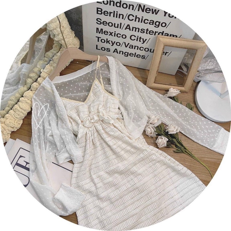 SET ĐẦM 2 DÂY BO EO MIDI KEM + ÁO KHOÁC MỎNG BI NỔI