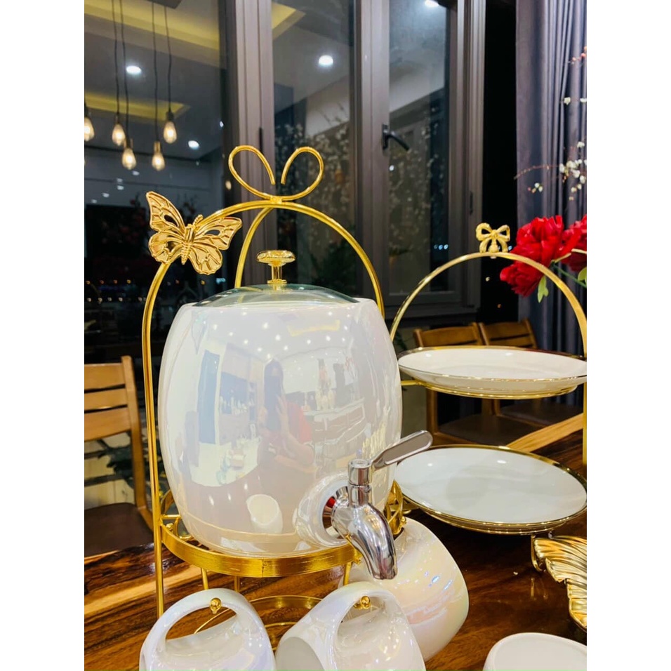[ ảnh thật 100%] Bộ bình chum và 6 cốc sứ trắng hoặc xanh trang nhã - decor phòng khách, quà tặng tân gia ý nghĩa