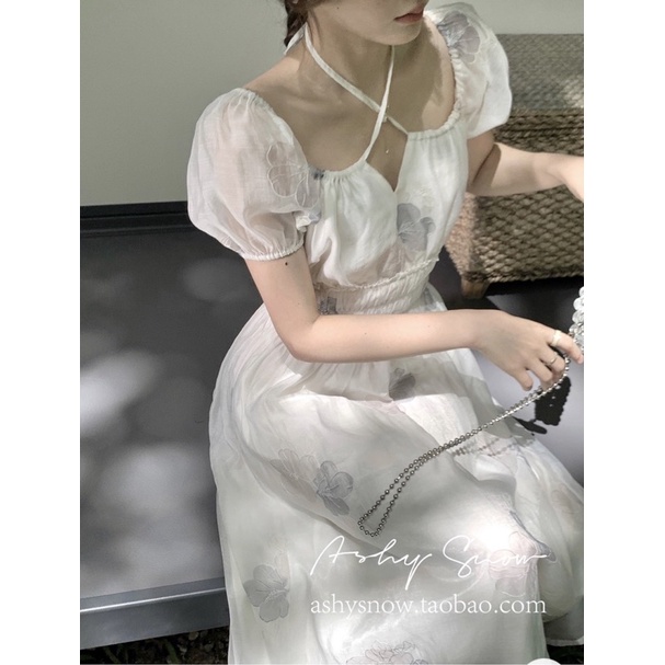 Đầm midi hoa cổ yếm bo chun eo