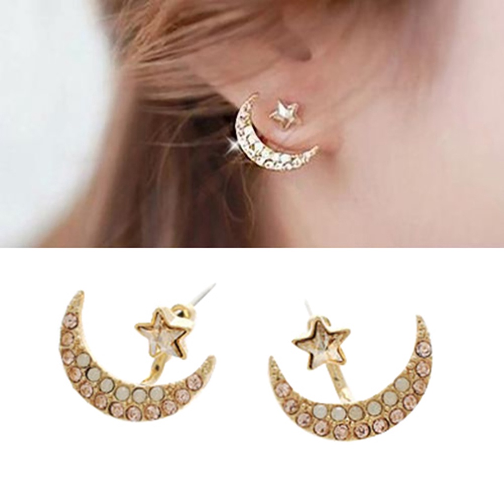 Đôi khuyên tai hình mặt trăng và ngôi sao đính đá thanh lịch cho nữ