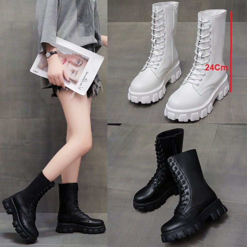 Giày da boot bốt Martin cổ cao- Giầy cao gót độn đế thời trang phong cách Hàn Quốc đế 5.5Cm