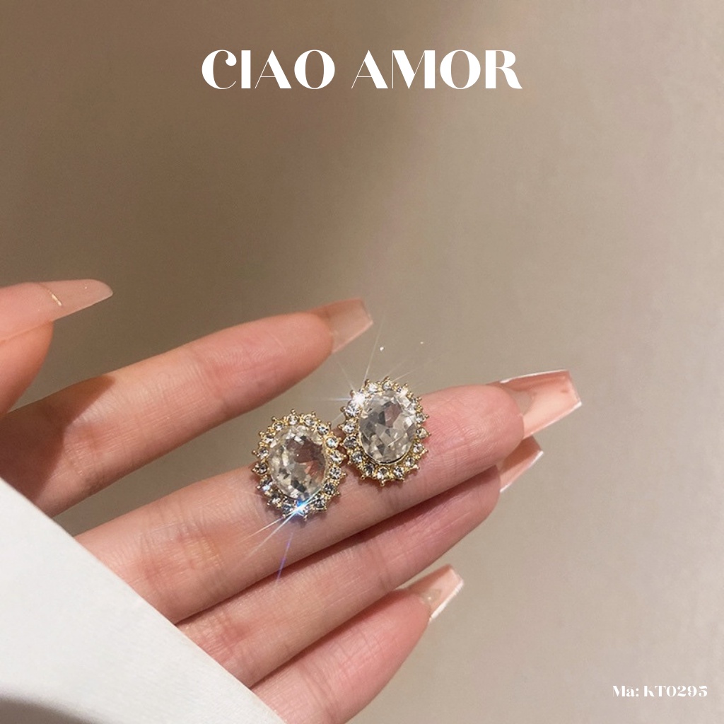 KT0295-Khuyên tai nữ, Bông tai nữ nụ đá to ở giữa đính đá viền lấp lánh Trang sức Ciao Amor