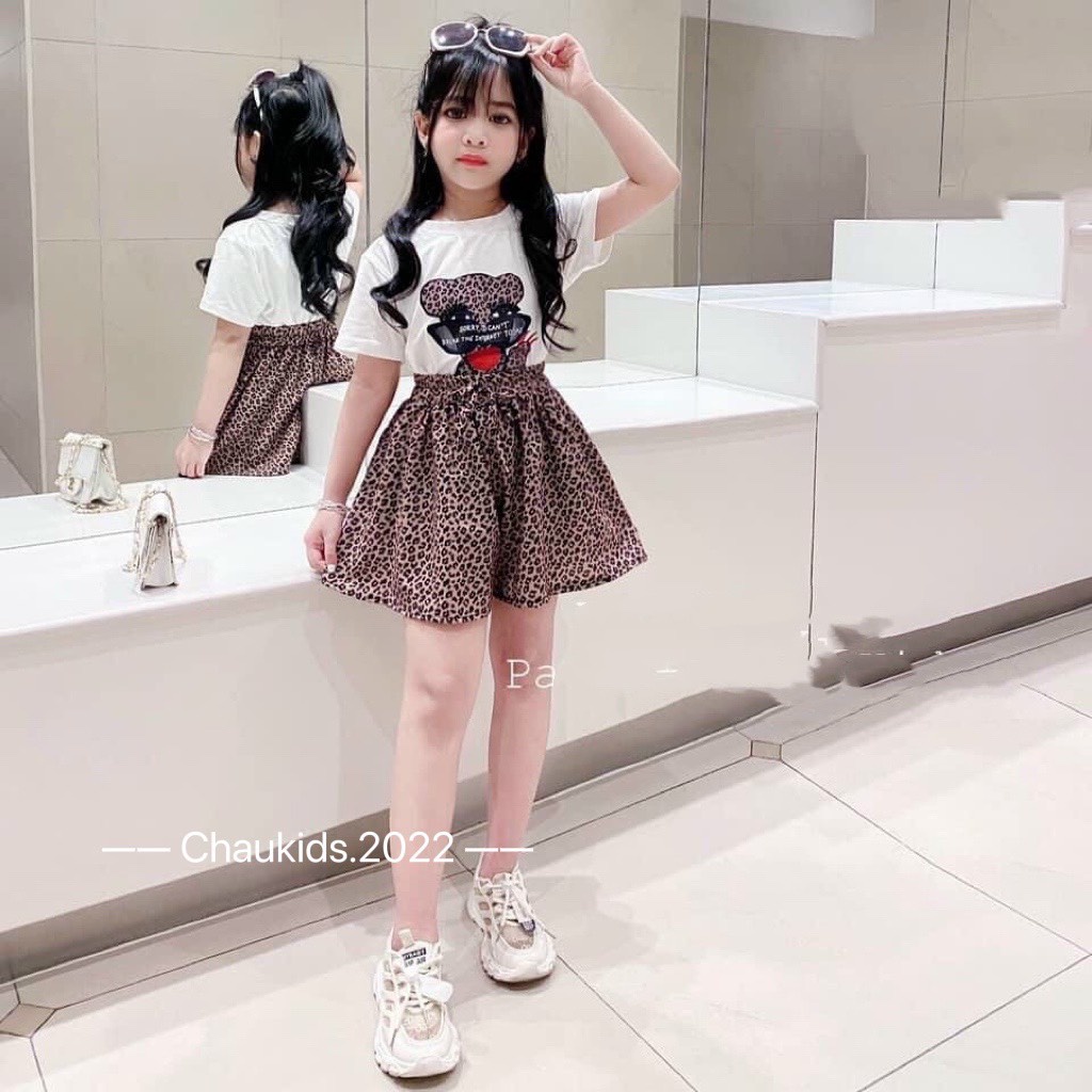 Váy bé gái, set áo ép nhiệt mèo đeo kính kèm chân váy beo cho bé size 10-30kg