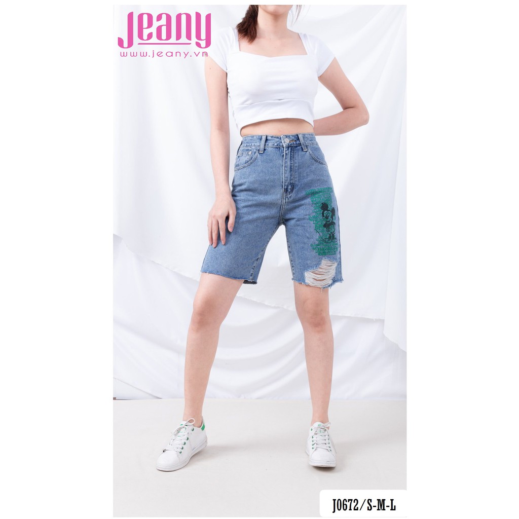 Quần Jean Ngố Màu Xanh Nhạt Wat Nhẹ Hình Chuột Mickey J0672 - Jeany