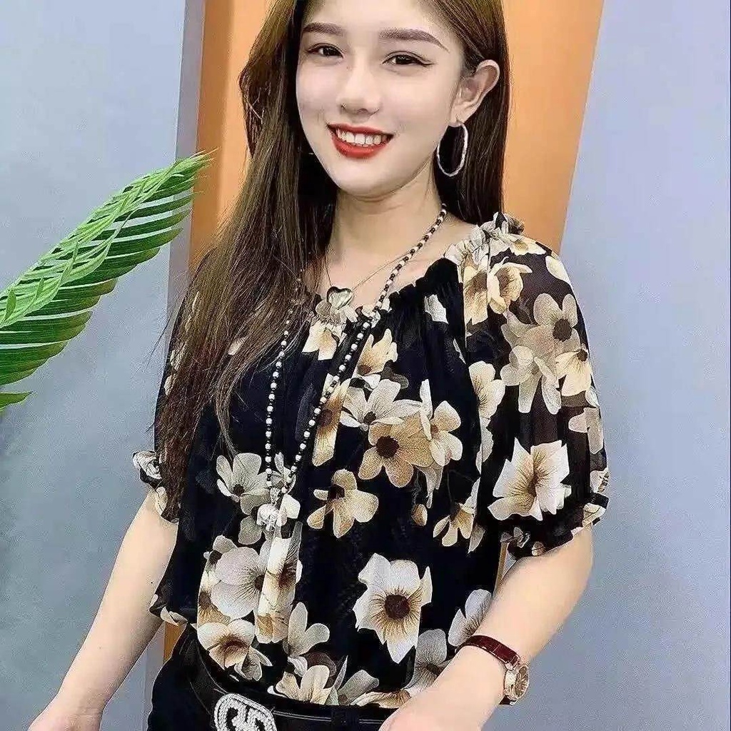 Áo Thun Tay Loe / Áo Trễ Vai Cổ Tròn In Hoa Thời Trang Mùa Hè Cho Nữ Cỡ Lớn 3 4