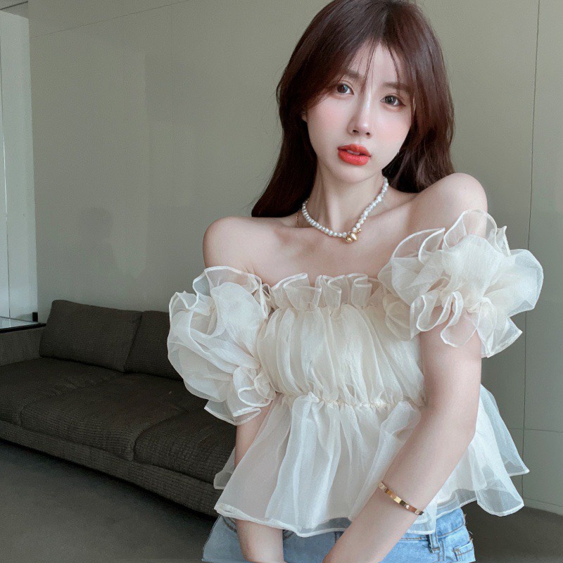 Áo croptop trễ vai voan tơ xếp ly bồng bềnh- Beautyone