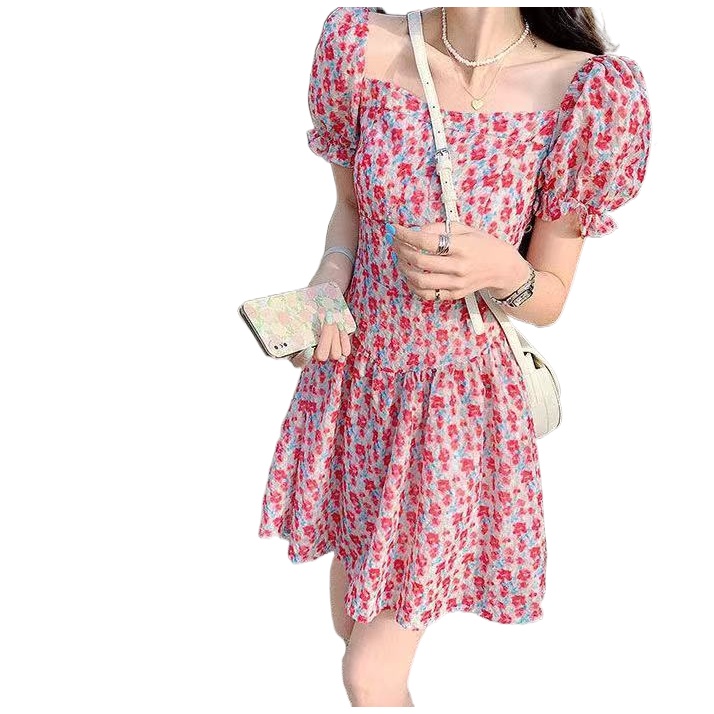 Đầm Tay Phồng Cổ Vuông Họa Tiết Hoa Phong Cách Hàn Quốc Thời Trang Cho Nữ