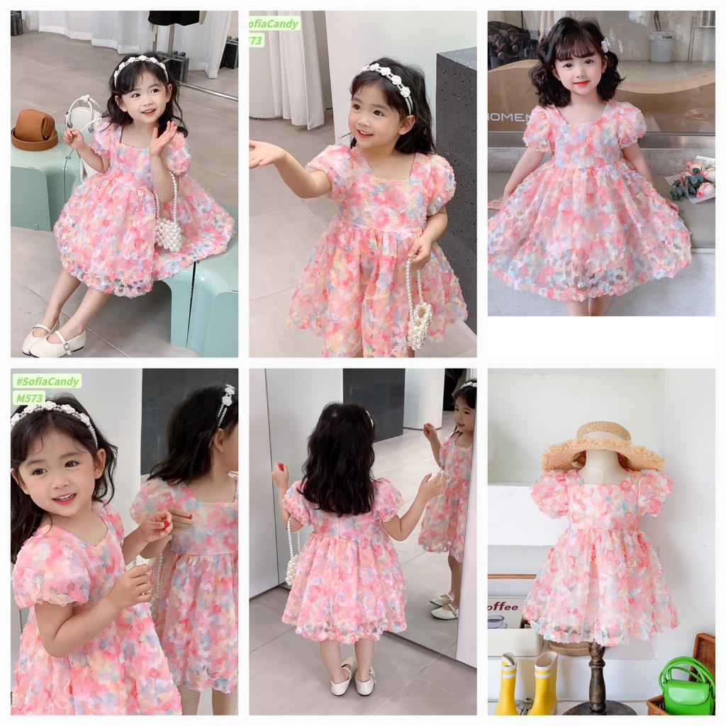 Váy Hoa Nổi 3D Tay Ngắn Hồng Bé Gái