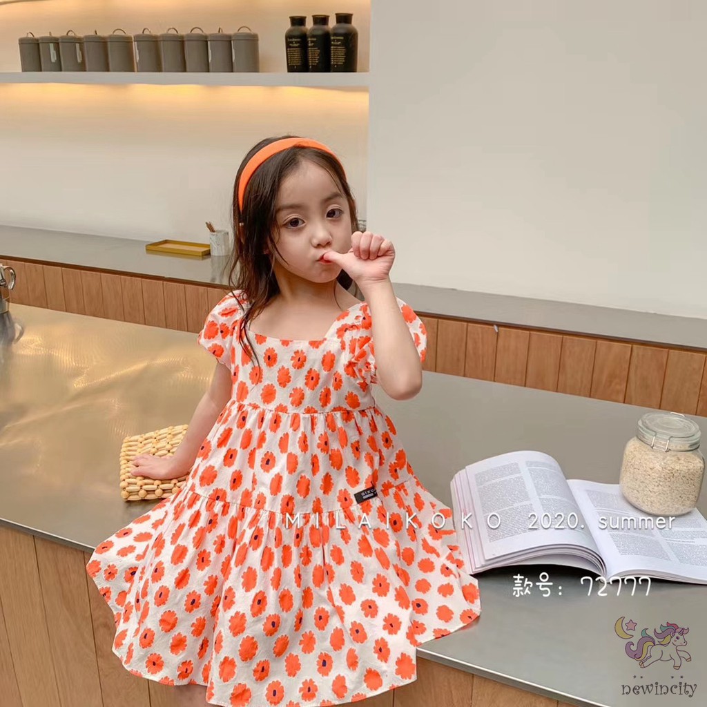 Đầm Tay Phồng Họa Tiết Hoa Cúc Xinh Xắn Cho Bé Gái