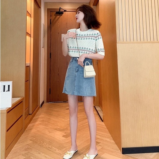 Áo dệt kim ZHELIHANGFEI ngắn tay thêu họa tiết xinh xắn thời trang