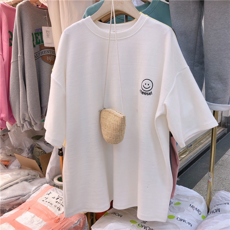 MS942 Áo thun cổ tròn form rộng thêu mặt cười cheese unisex