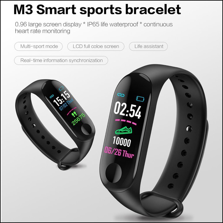 Vòng đeo tay thông minh M3 đo nhịp tim, kết nối bluetooth, tập thể thao, theo dõi sức khỏe, vận động