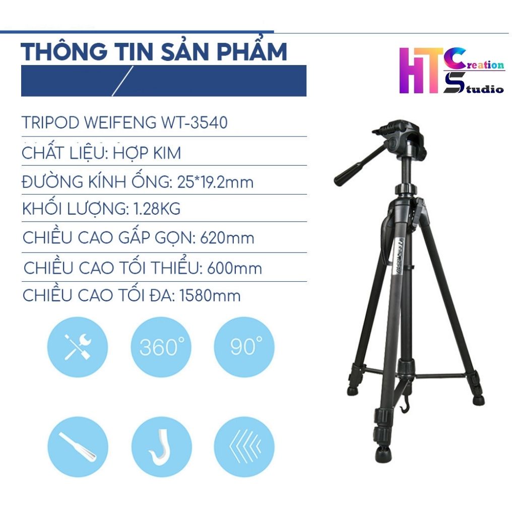 Chân Máy Ảnh Tripod Weifeng WT-3540, khung nhôm cao cấp, cao 1.6m chịu tải 3kg, chụp ảnh quay phim livestream - Tặng kẹp