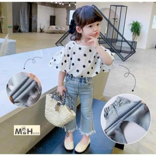 Set bộ áo chấm bi nơ sau_quần bò ống loe Goodbabyvn