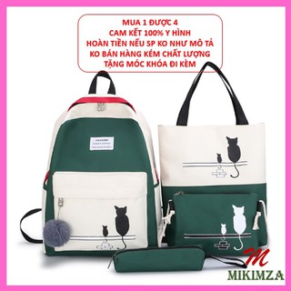 Balo Nữ Ullzang Kèm Cặp Sách Đi Học , Combo 4 Món Vải Chống Nước Chú Mèo Dễ Thương MKZ52