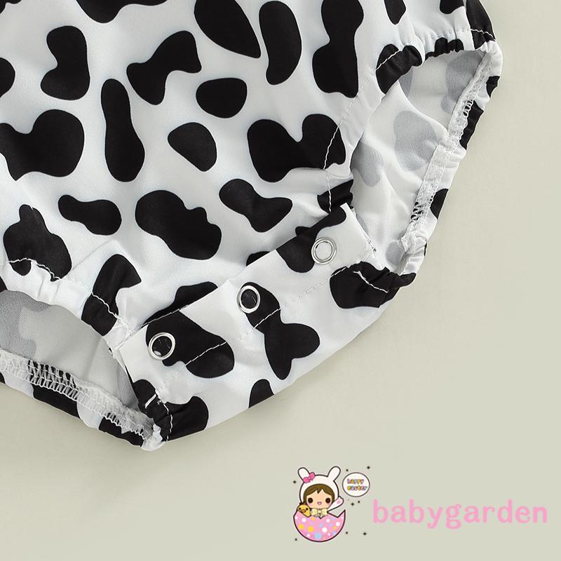 Bộ Áo Liền Quần Tay Cánh Tiên Họa Tiết Bò Sữa + Băng Đô Cài Tóc Thời Trang Mùa Hè Cho Bé Gái 0-24 Tháng Tuổi