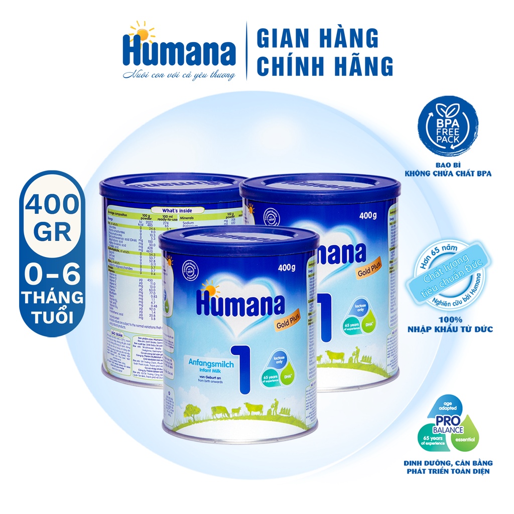 Combo 3 lon Sữa bột Humana gold plus 1 400g - Sữa công thức dành cho trẻ từ 0 đến 6 tháng tuổi nhập khẩu từ Đức