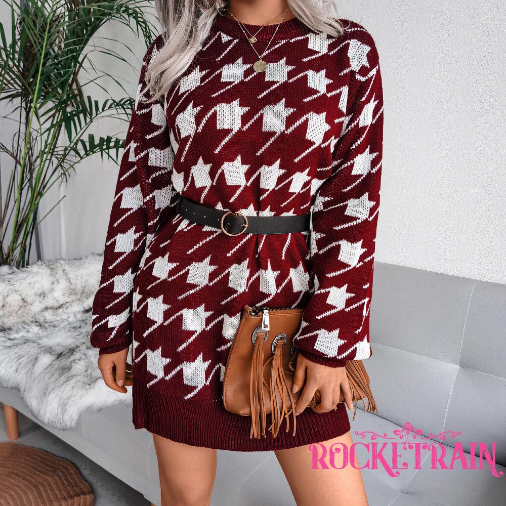 ♛♚♛Đầm len tay dài cổ tròn in họa tiết Houndstooth thời trang cho nữ