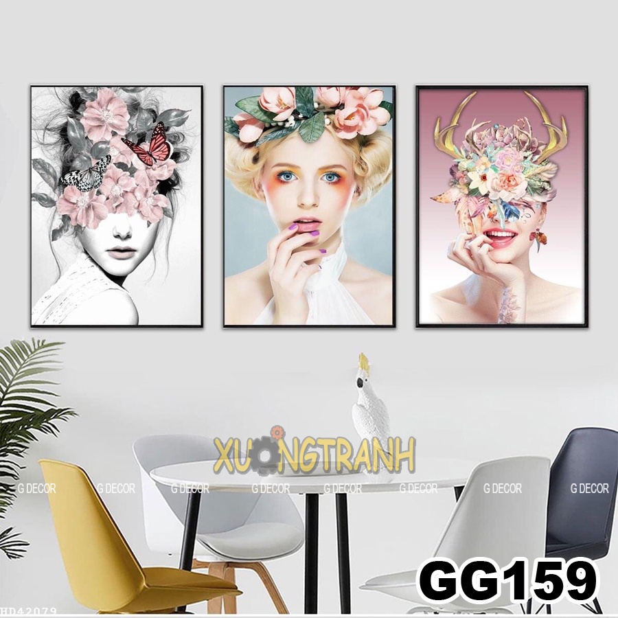 Tranh treo tường canvas 3 bức phong cách Bắc Âu 85, tranh cô gái nghệ thuật trang trí phòng khách, phòng ngủ, phòng ăn