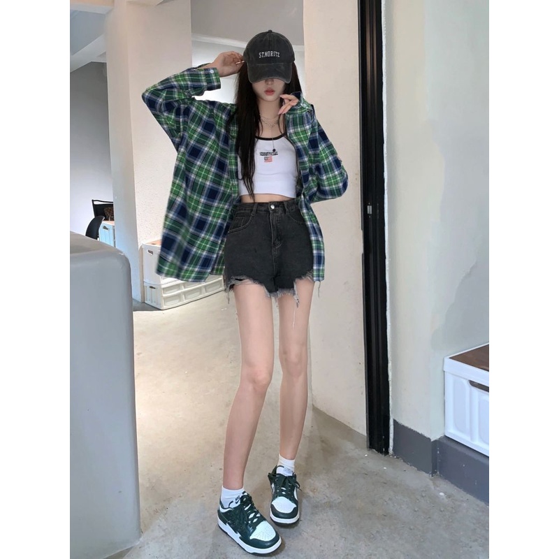 【ZHELIHANGFEI】Áo Sơ Mi Nữ Tay Dài Dáng Rộng Họa Tiết Caro Dễ Phối Đồ