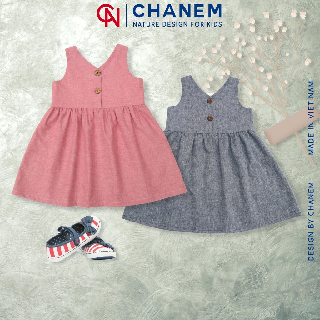 Váy bé gái cổ vuông màu hồng PINKY DRESS CHANEM phối 2 cúc gỗ dừa, chất cotton cao cấp, mềm mại cho bé yêu