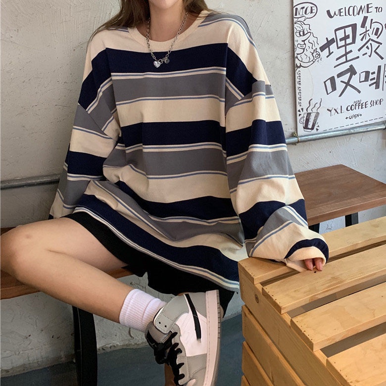Áo Thun Tay Dài Dáng Rộng Họa Tiết Kẻ Sọc Thời Trang Hàn Quốc 2022 Cho Nữ