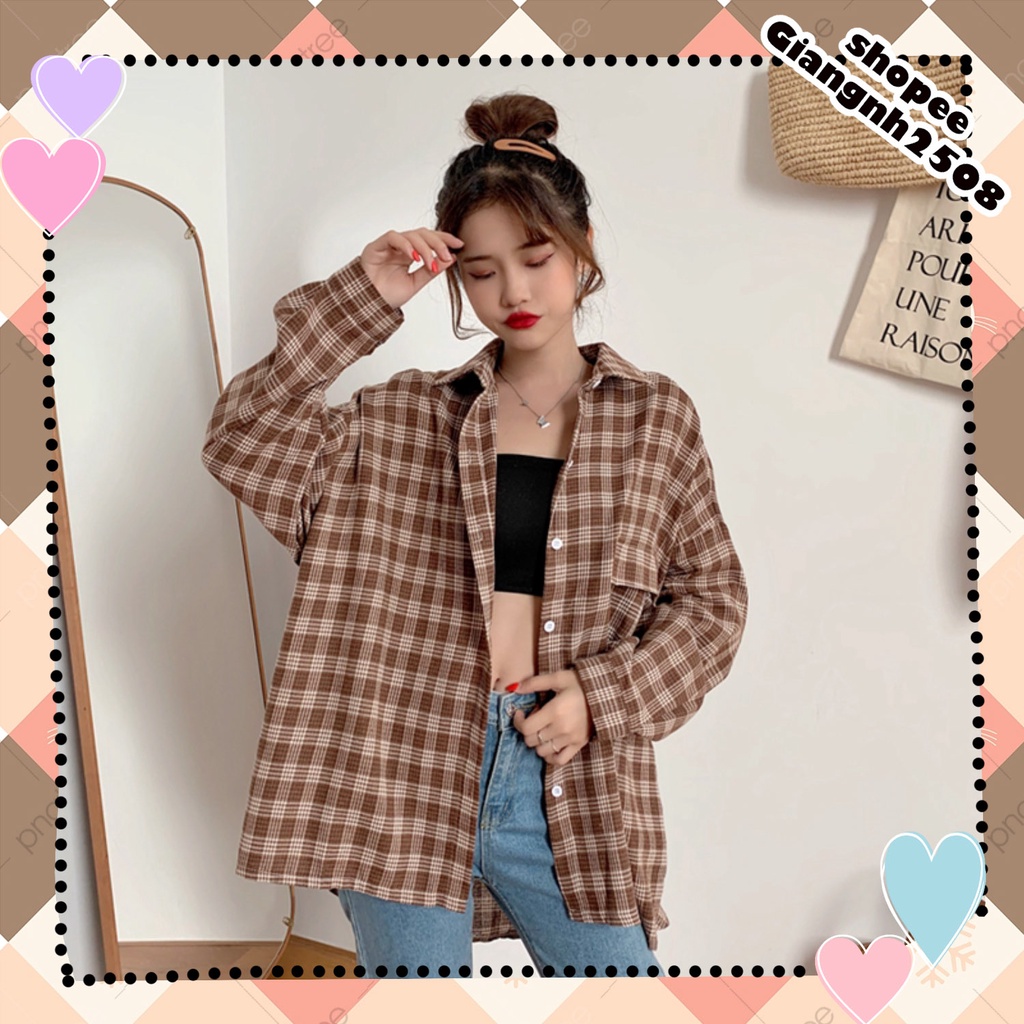 A011 Áo sơ mi kẻ caro oversize nam nữ vintage dài tay ulzzang, áo khoác chống nắng cỡ rộng tay phồng phong cách Hàn Quốc