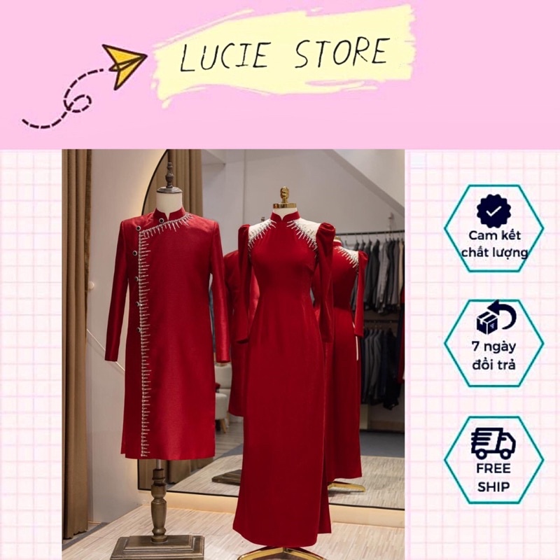 Áo Dài Cặp Dâu Rể, màu đỏ đính kết đá sáng lấp lánh.