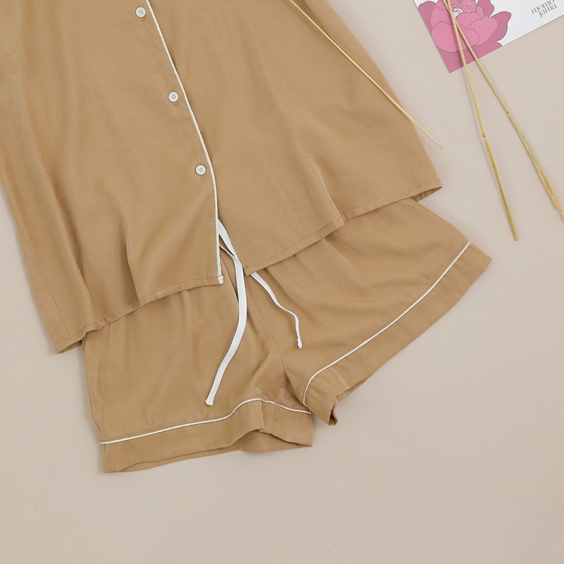 Bộ Pijama lụa trơn MOMOJAMA áo cộc quần cộc, bộ đồ mặc nhà cute chất liệu lụa tằm, size từ 40 -70kg, M1922 | BigBuy360 - bigbuy360.vn