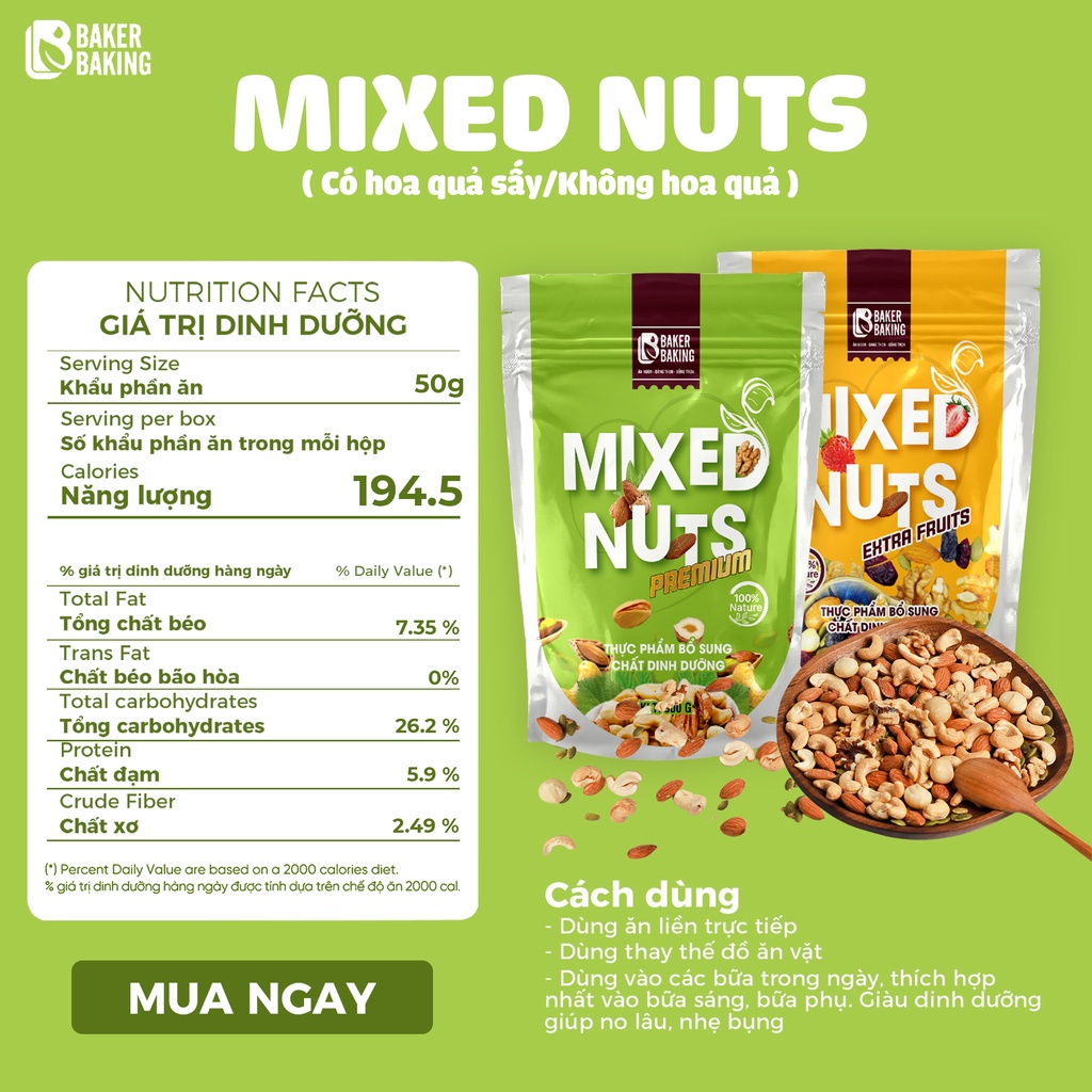 Hạt Dinh Dưỡng Mixed Nuts Baker Baking - Healthy, Eat Clean, Keto, Giảm Béo, Giảm Mỡ, Thay thế ăn Vặt, Ăn phụ, Lành mạnh