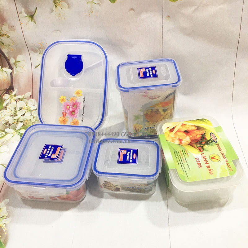 Set Hộp bảo quản thực phẩm nhựa Song Long dày đẹp loại 4 khóa có roong hoặc lắp cài