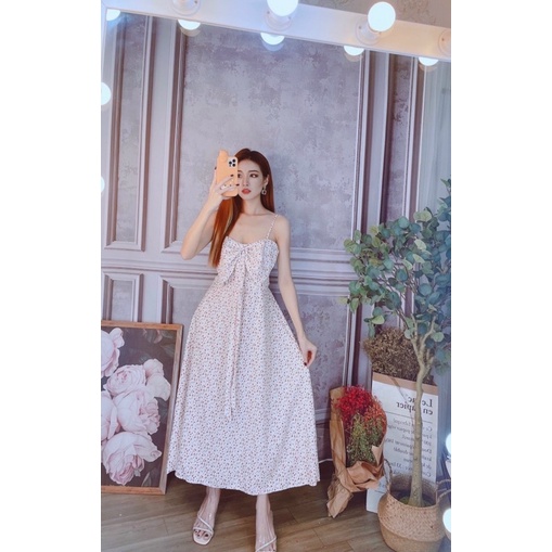 Đầm maxi hai dây dáng dài phối nơ ngực siêu dễ thương hình thật