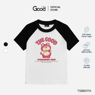 Áo Baby Tee THE GOOD "Strawberry Bear" Tay Lỡ 2 Màu Đen Hồng Basic, Áo Phông, Áo Thun Nữ Họa Tiết Gấu Cute