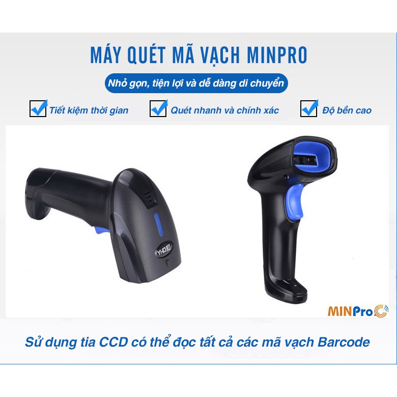 Máy quét mã vạch MINPRO không dây 2.4Ghz, quét mã vạch hàng hóa, công nghệ laser