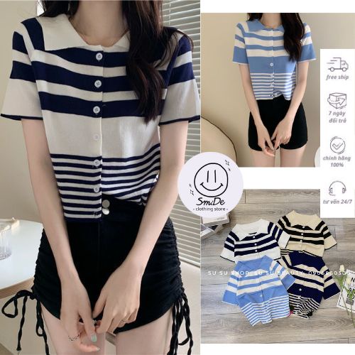 Áo Len Dệt Kim Sọc Cổ Bẻ Hàng Nút Tay Ngắn | Smide Clothing