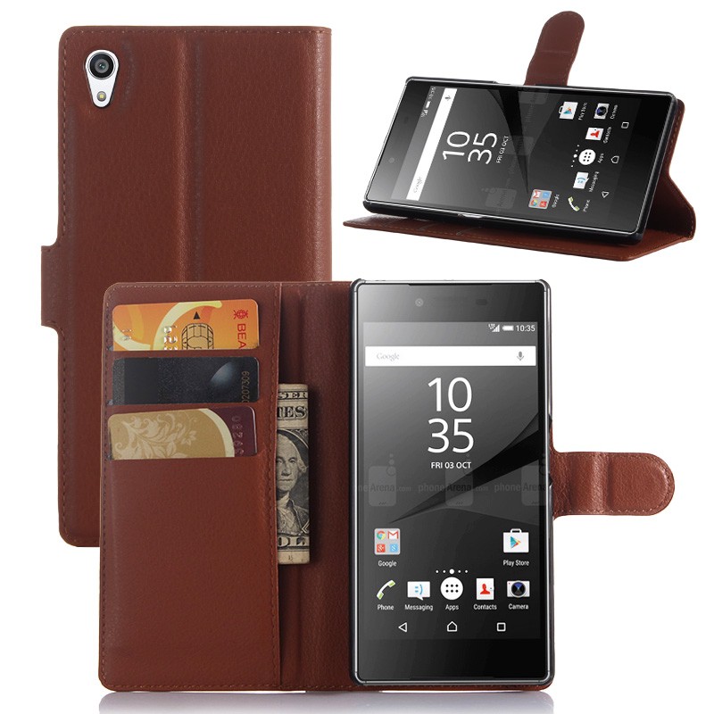 Sony Xperia Z5 Premium Case Litchi Leather Wallet Flip Card Slots Stand Holder