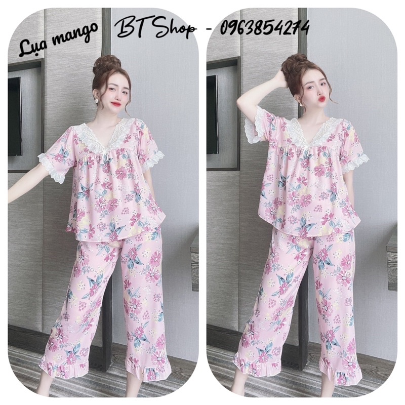 Đồ ngủ mặc nhà lụa mango tiểu thư quần lỡ hoạ tiết freesize 43-60kg