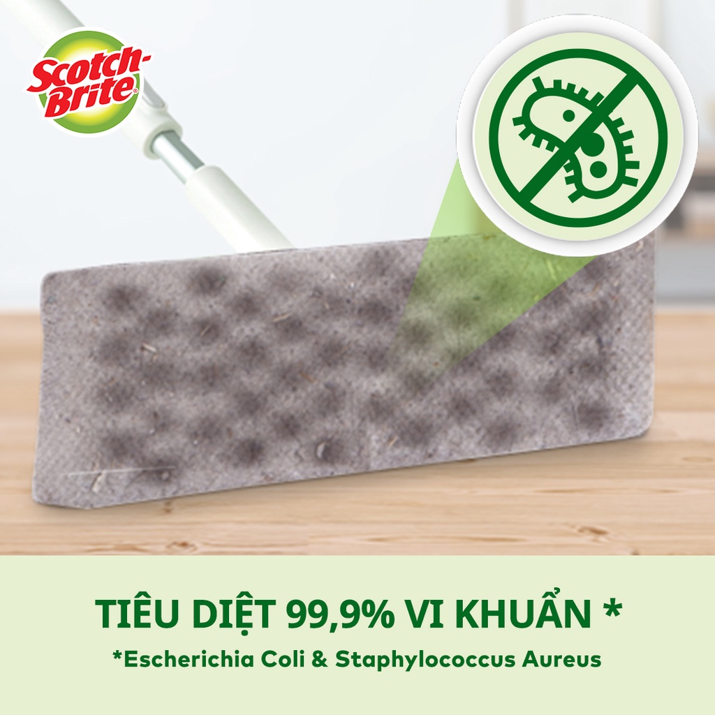 Khăn ướt thay thế cây lau siêu tốc Scotch Brite 3M, 28 cm x 21cm, 8 miếng/gói, kháng khuẩn 99,9%, hương trà xanh