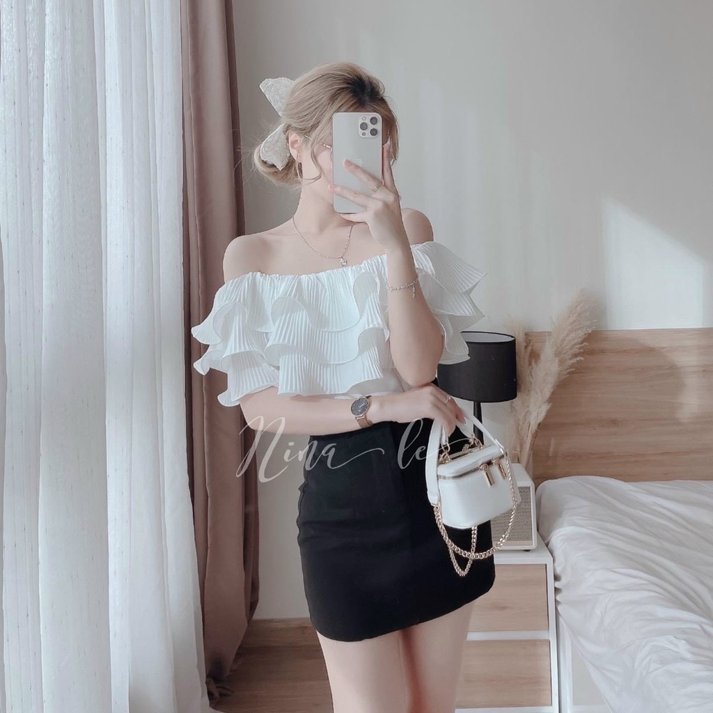 Sét áo kèm chân váy áo trễ vai bèo xếp ly có mút kèm chân váy siêu xinh thời trang nữ trẻ trung năng động