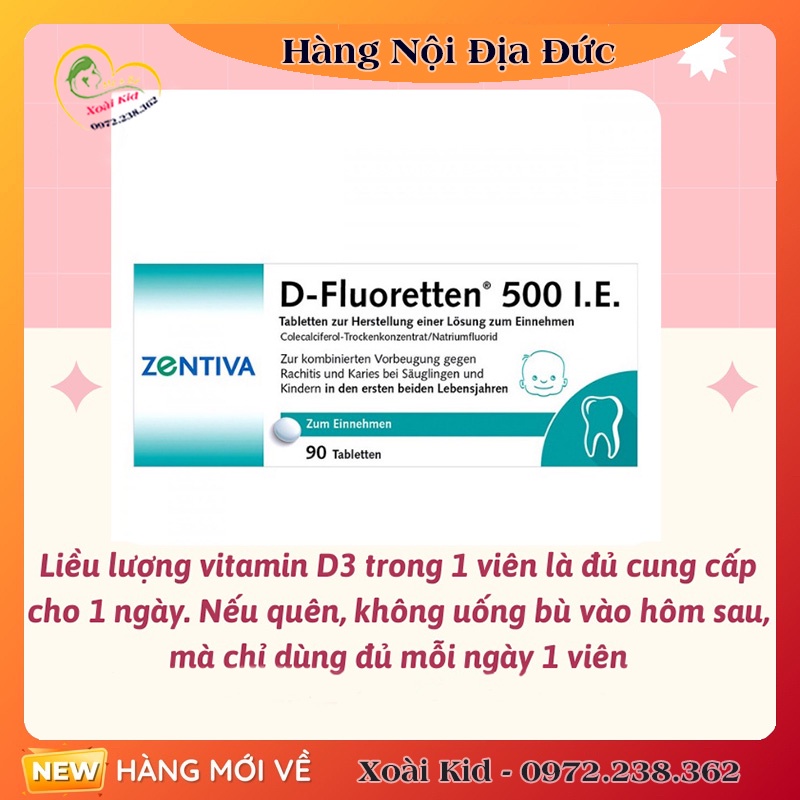 Vitamin D Fluoretten 500 I.E Zentiva Đức bổ sung vitamin D3 cho trẻ phát triển xương và răng
